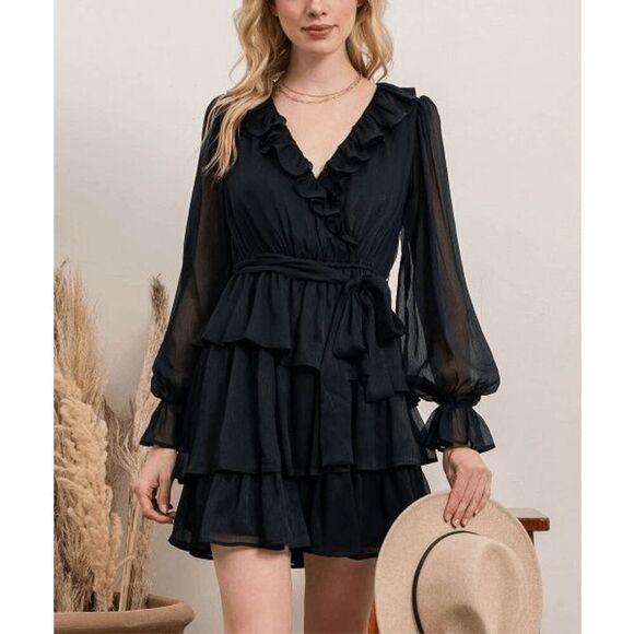 NWT By the River Women's Black Asymmetrical Tiered Surplice A-Line Dress S - Picture 1 of 10